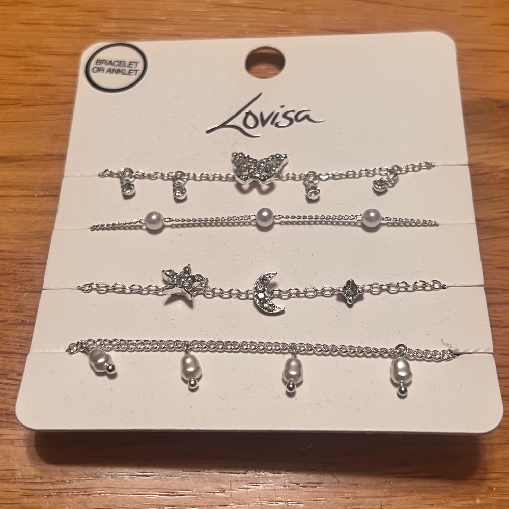 4 Piece Silver Bracelet/Anklet Set with Pearls and Charms